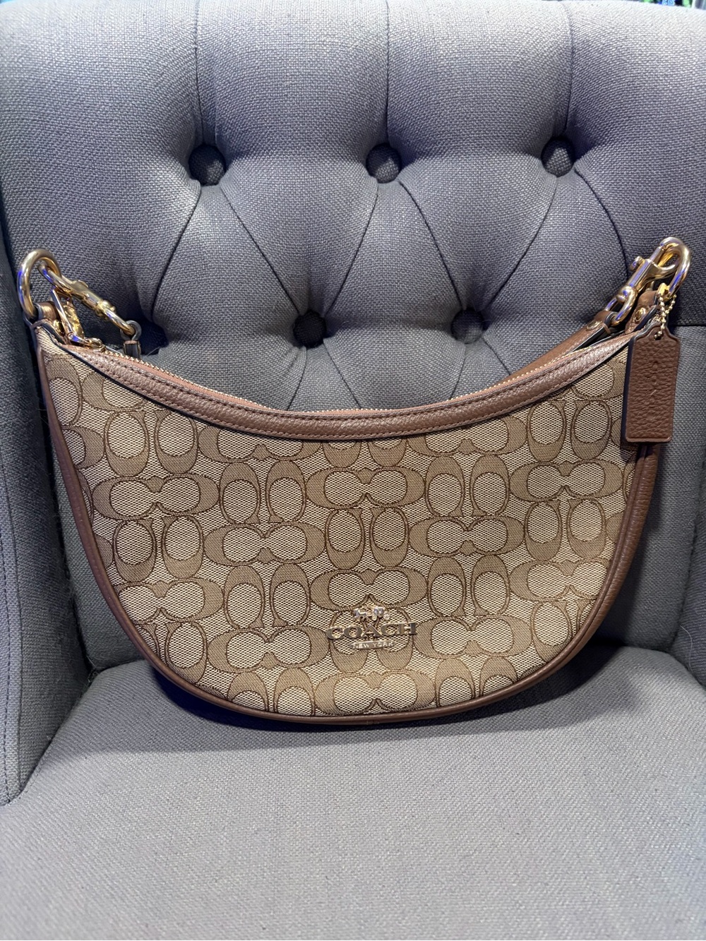 Coach Khaki Signature Crescent Shoulder Bag with Brown Trim - Picture 3 of 6